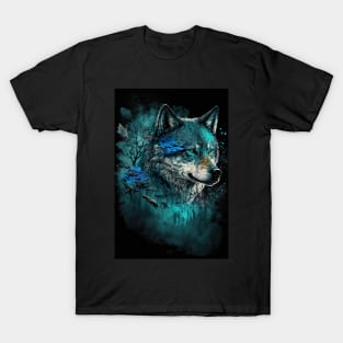 Cool Wolf portrait with teal and blue glow T-Shirt